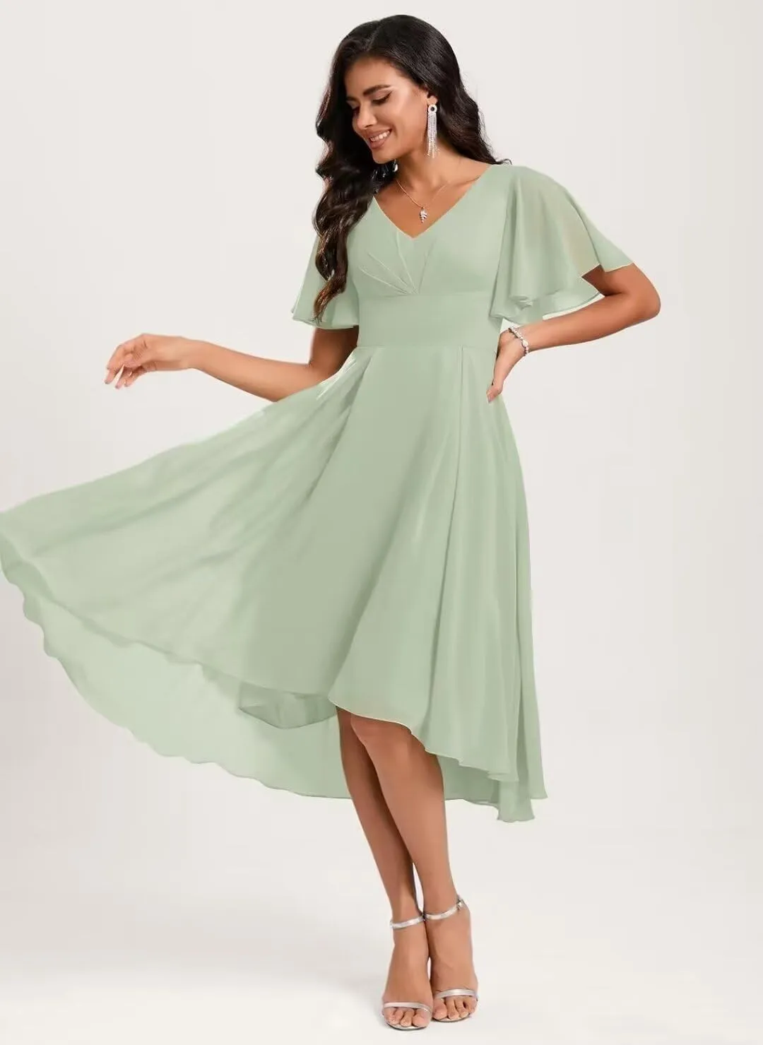 Women's A line Bridesmaid Dresses High Low Chiffon Wedding Guest Dress Ruched V Neck Prom Dress with Sleeve