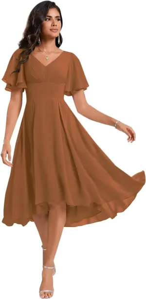 Women's A line Bridesmaid Dresses High Low Chiffon Wedding Guest Dress Ruched V Neck Prom Dress with Sleeve