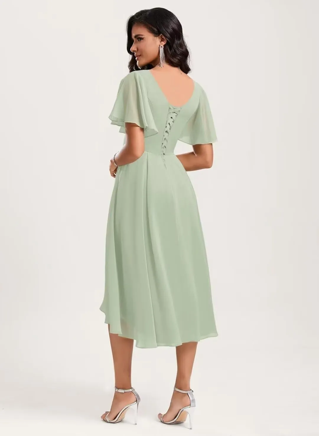 Women's A line Bridesmaid Dresses High Low Chiffon Wedding Guest Dress Ruched V Neck Prom Dress with Sleeve