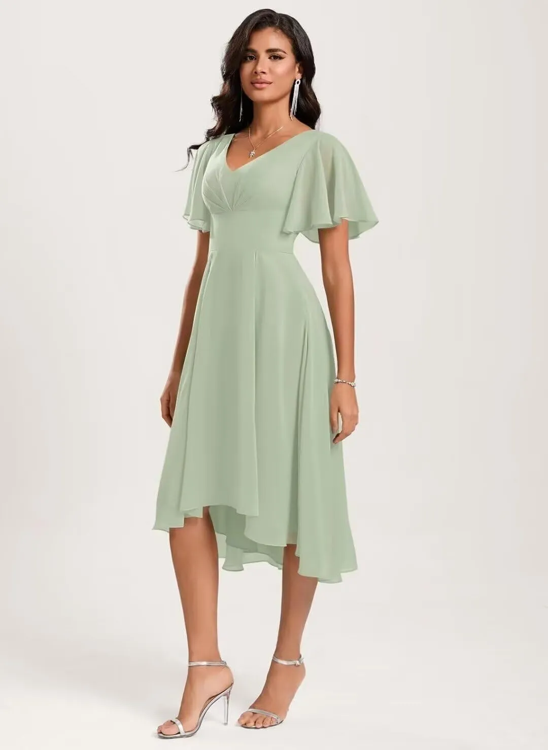 Women's A line Bridesmaid Dresses High Low Chiffon Wedding Guest Dress Ruched V Neck Prom Dress with Sleeve