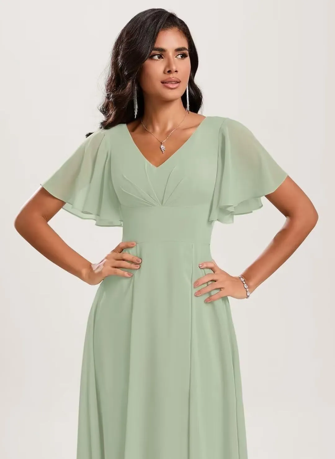 Women's A line Bridesmaid Dresses High Low Chiffon Wedding Guest Dress Ruched V Neck Prom Dress with Sleeve