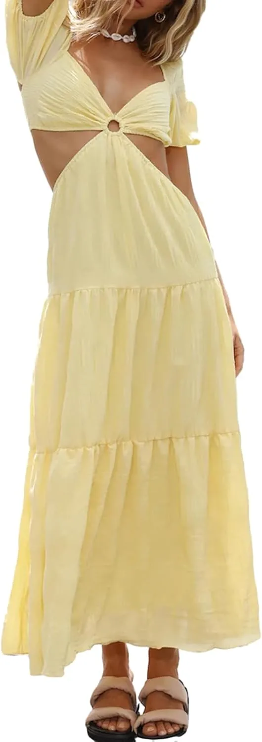 Womens Boho Cut Out Split Long Cami Dress Sleeveless Y2K Spaghetti Strap Bodycon Dress Summer Beach Sundress