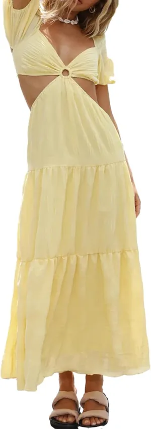 Womens Boho Cut Out Split Long Cami Dress Sleeveless Y2K Spaghetti Strap Bodycon Dress Summer Beach Sundress