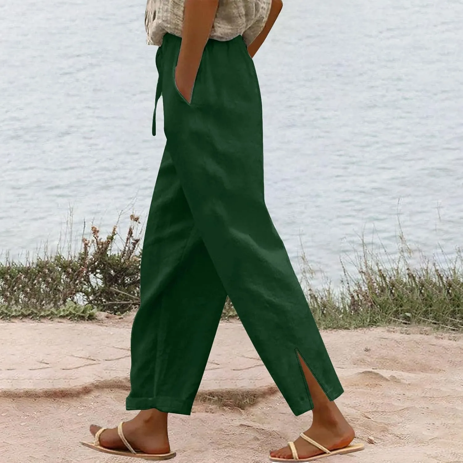 Womens Capris Linen Pants High Waist Drawstring Comfy Casual Pants Lounge Lightweight Loose Trousers with Pockets
