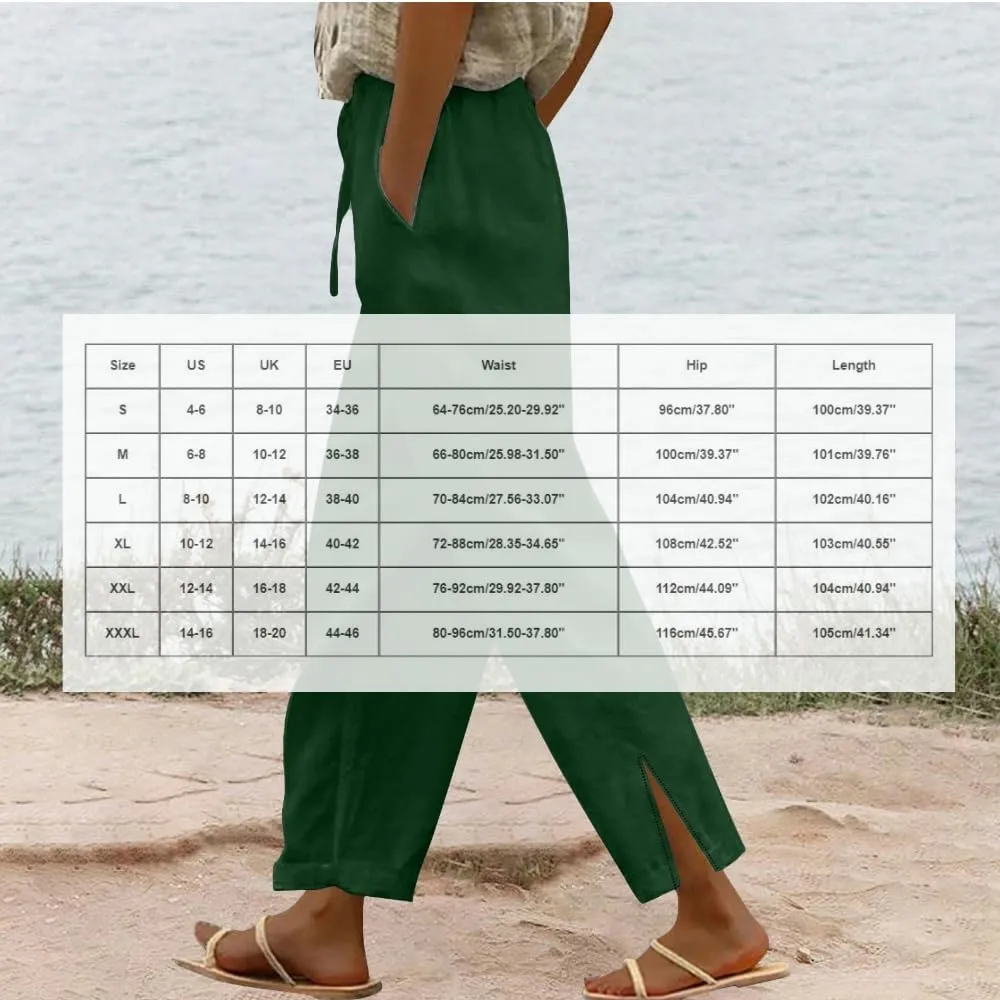 Womens Capris Linen Pants High Waist Drawstring Comfy Casual Pants Lounge Lightweight Loose Trousers with Pockets