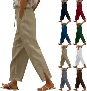 Womens Capris Linen Pants High Waist Drawstring Comfy Casual Pants Lounge Lightweight Loose Trousers with Pockets
