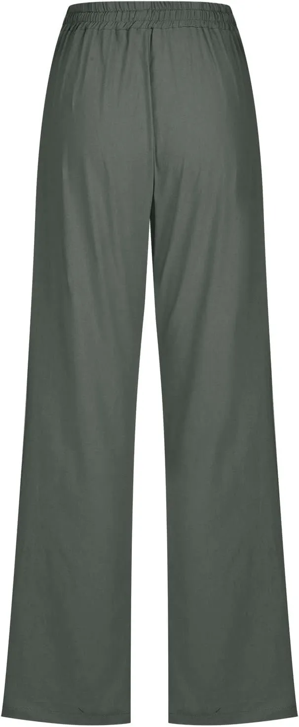 Women's Casual Cotton Linen Pants Lightweight Summer Elastic Waist Straight Leg Lounge Long Trousers with Pockets