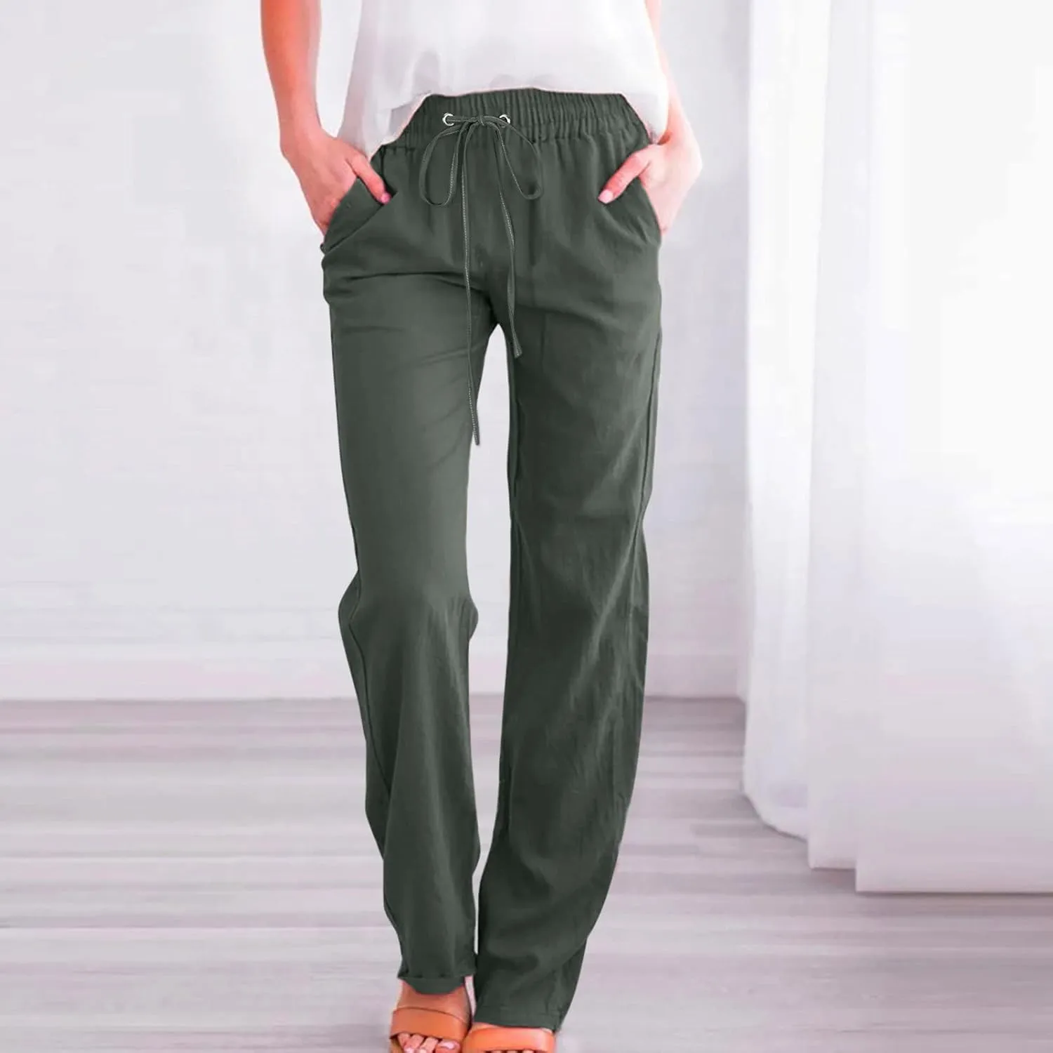 Women's Casual Cotton Linen Pants Lightweight Summer Elastic Waist Straight Leg Lounge Long Trousers with Pockets