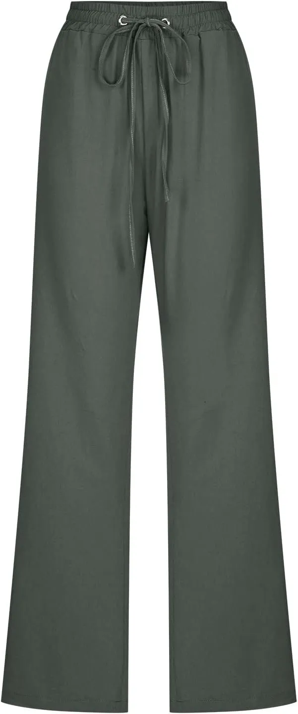 Women's Casual Cotton Linen Pants Lightweight Summer Elastic Waist Straight Leg Lounge Long Trousers with Pockets