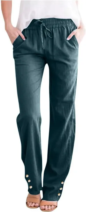 Womens Casual Cotton Linen Pants Lightweight Summer Relax Elastic Waist Plus Size Lounge Long Trousers with Pocket