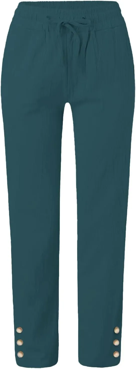 Womens Casual Cotton Linen Pants Lightweight Summer Relax Elastic Waist Plus Size Lounge Long Trousers with Pocket