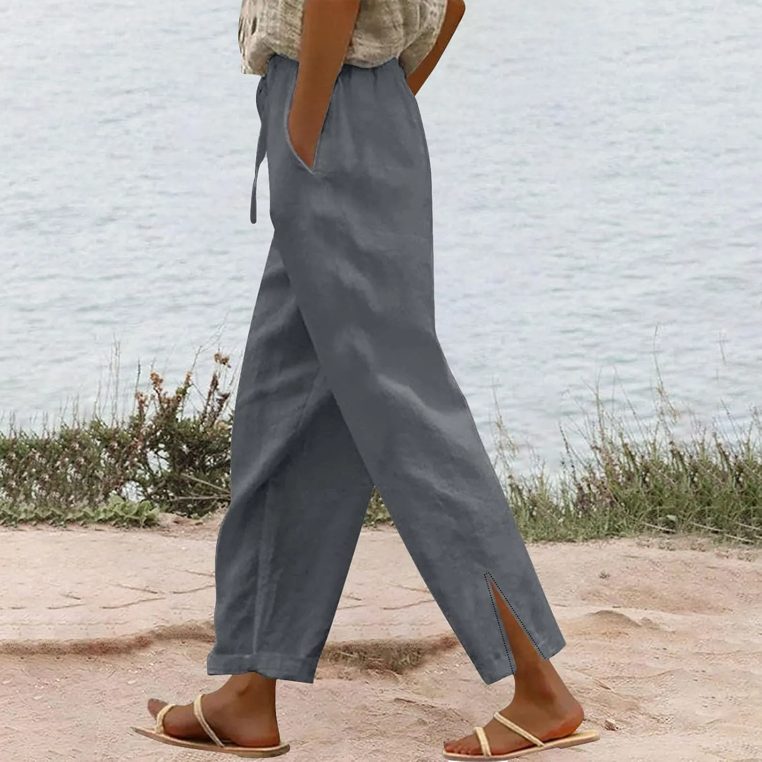 Womens Casual Cotton Linen Pants Lightweight Summer Relax Fit Plus Size Solid Lounge Long Trousers 2025