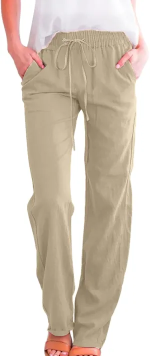Women's Casual Cotton Linen Pants Summer Relax Fit Elastic Waist Straight Leg Comfy Solid Lounge Long Trouser with Pockets