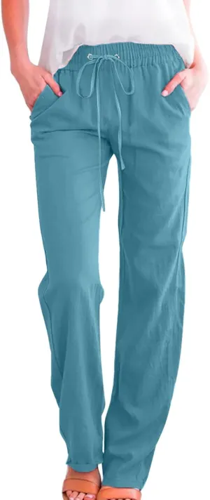 Women's Casual Cotton Linen Pants Summer Relax Fit Elastic Waist Straight Leg Comfy Solid Lounge Long Trouser with Pockets
