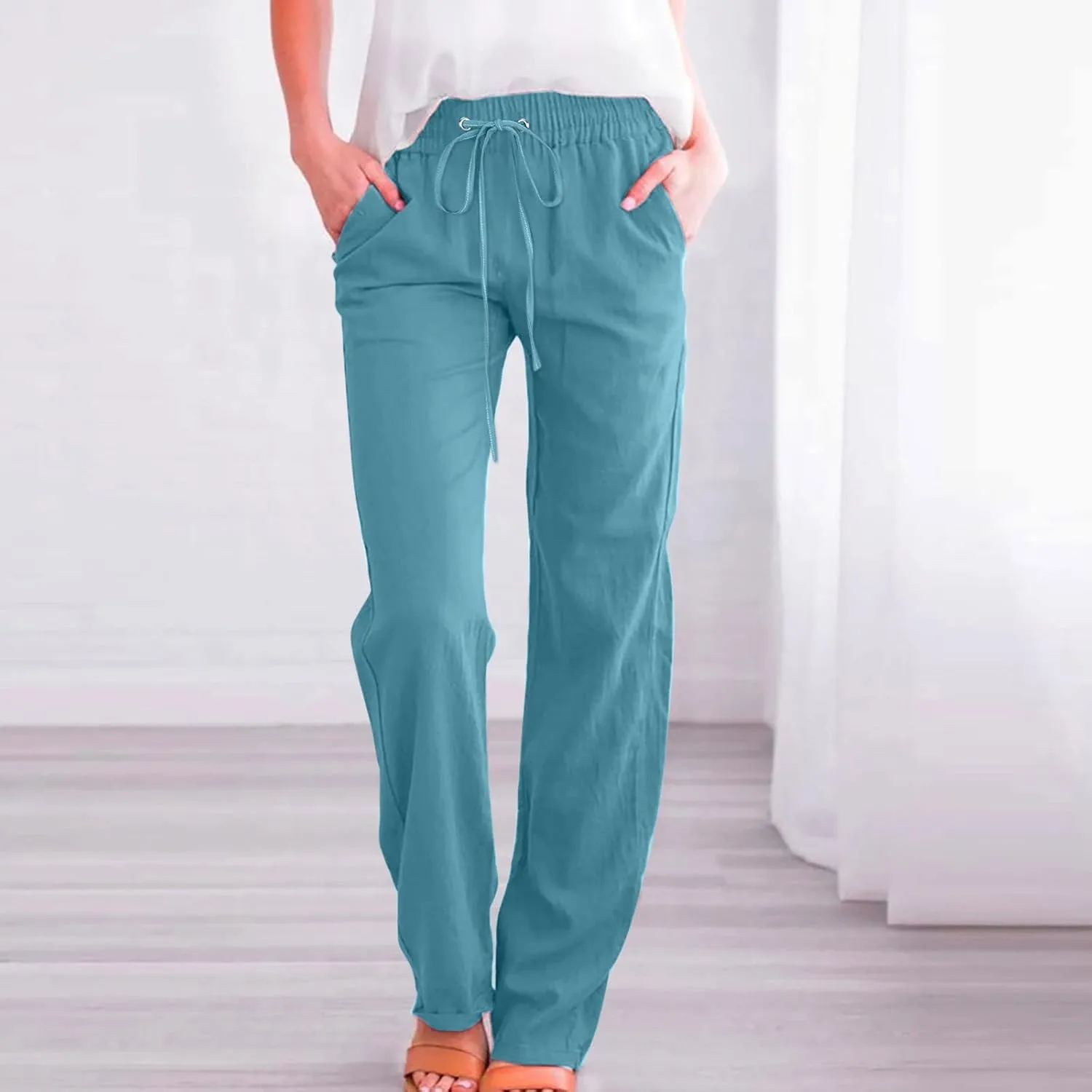 Women's Casual Cotton Linen Pants Summer Relax Fit Elastic Waist Straight Leg Comfy Solid Lounge Long Trouser with Pockets