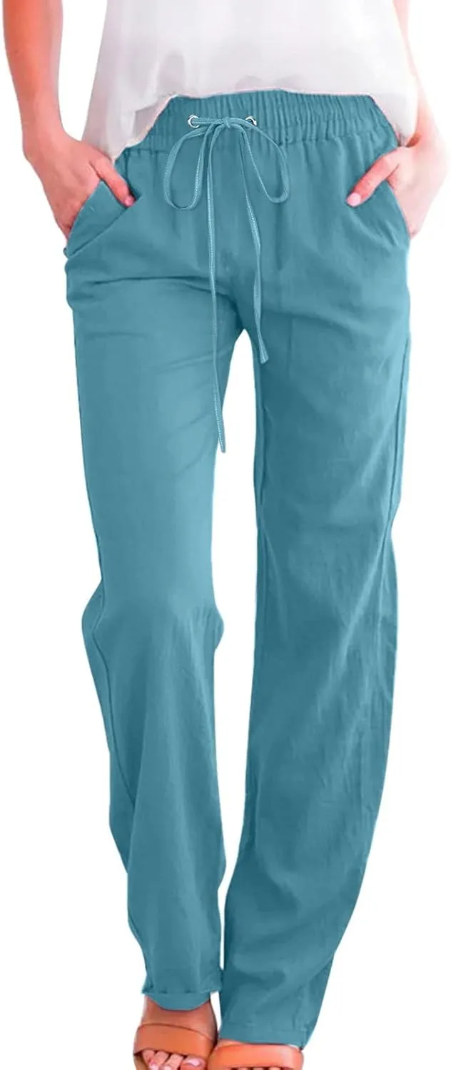 Women's Casual Cotton Linen Pants Summer Relax Fit Elastic Waist Straight Leg Comfy Solid Lounge Long Trouser with Pockets