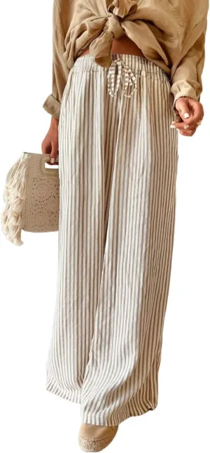 Women's Casual High Waist Wide Leg Pants Summer Striped Drawstring Palazzo Trousers with Pockets