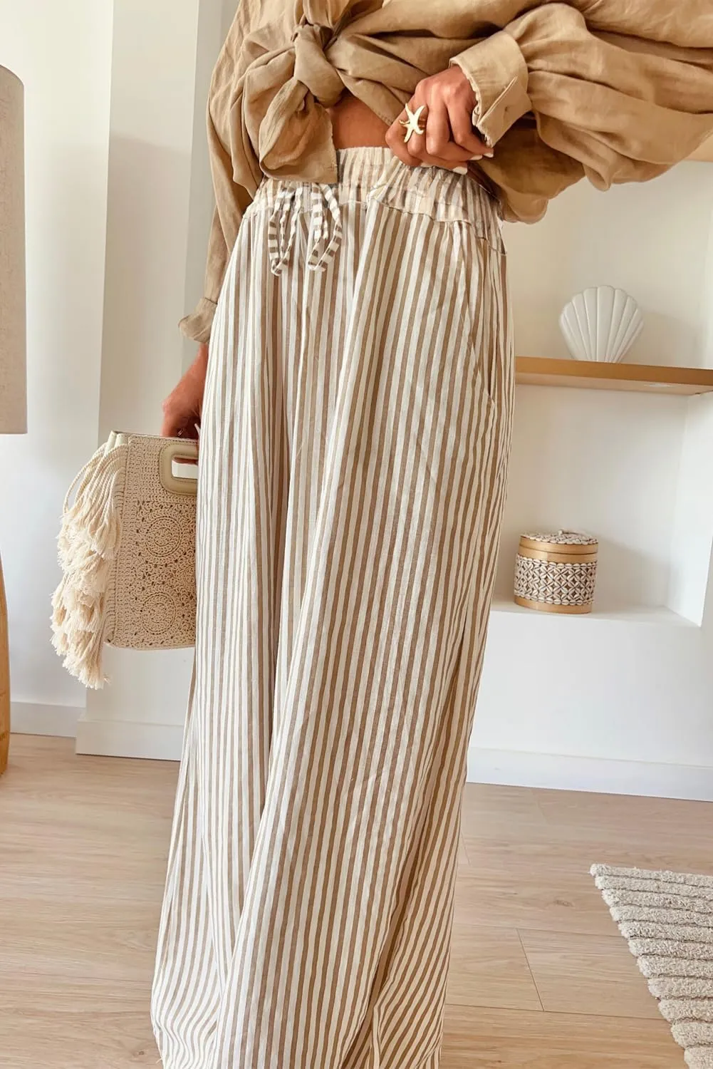 Women's Casual High Waist Wide Leg Pants Summer Striped Drawstring Palazzo Trousers with Pockets