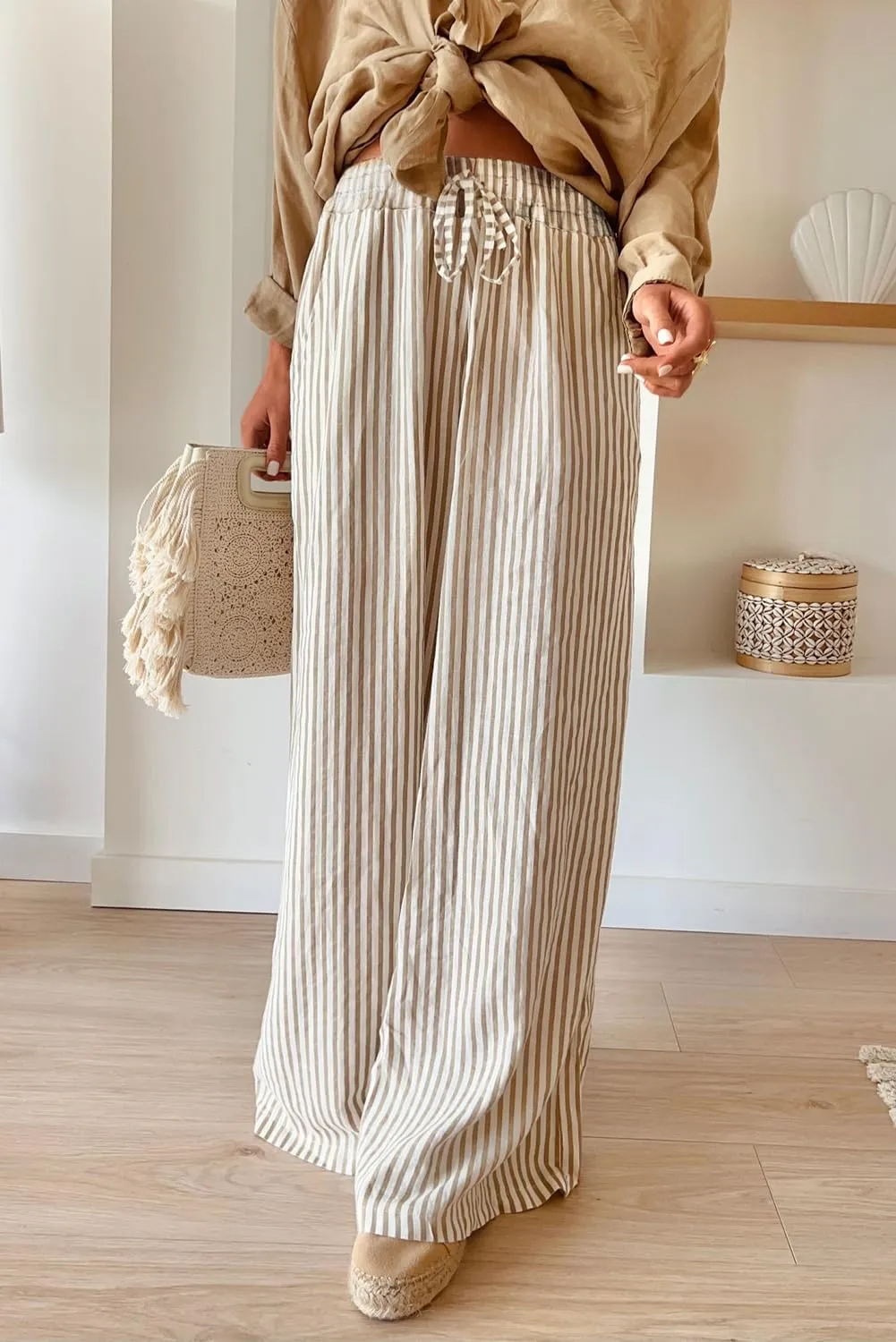 Women's Casual High Waist Wide Leg Pants Summer Striped Drawstring Palazzo Trousers with Pockets