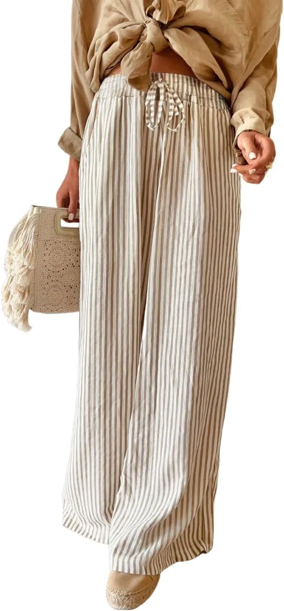 Women's Casual High Waist Wide Leg Pants Summer Striped Drawstring Palazzo Trousers with Pockets