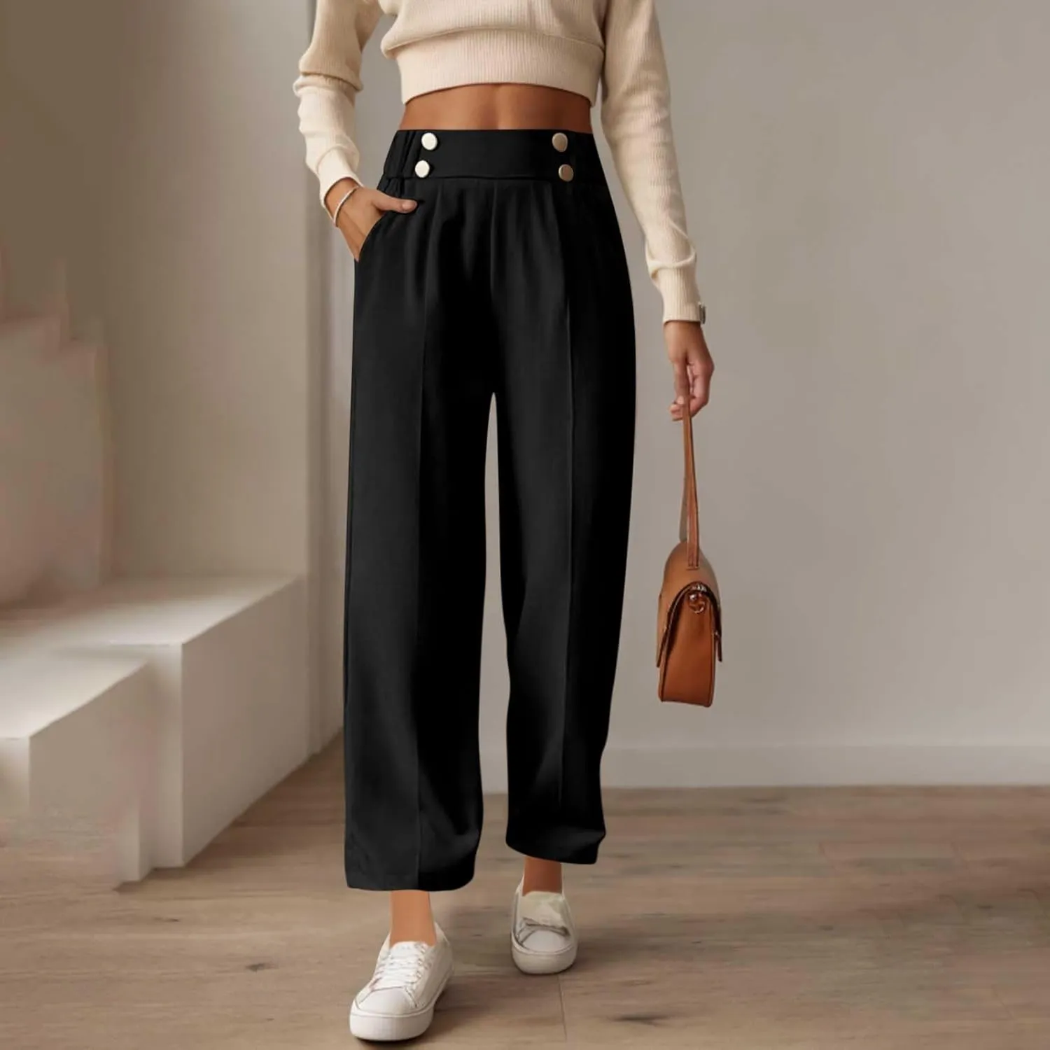 Women's Casual Linen Pants Summer Wide Leg Slacks Straight Leg Work Pants Elastic Waist Button Trousers with Pockets