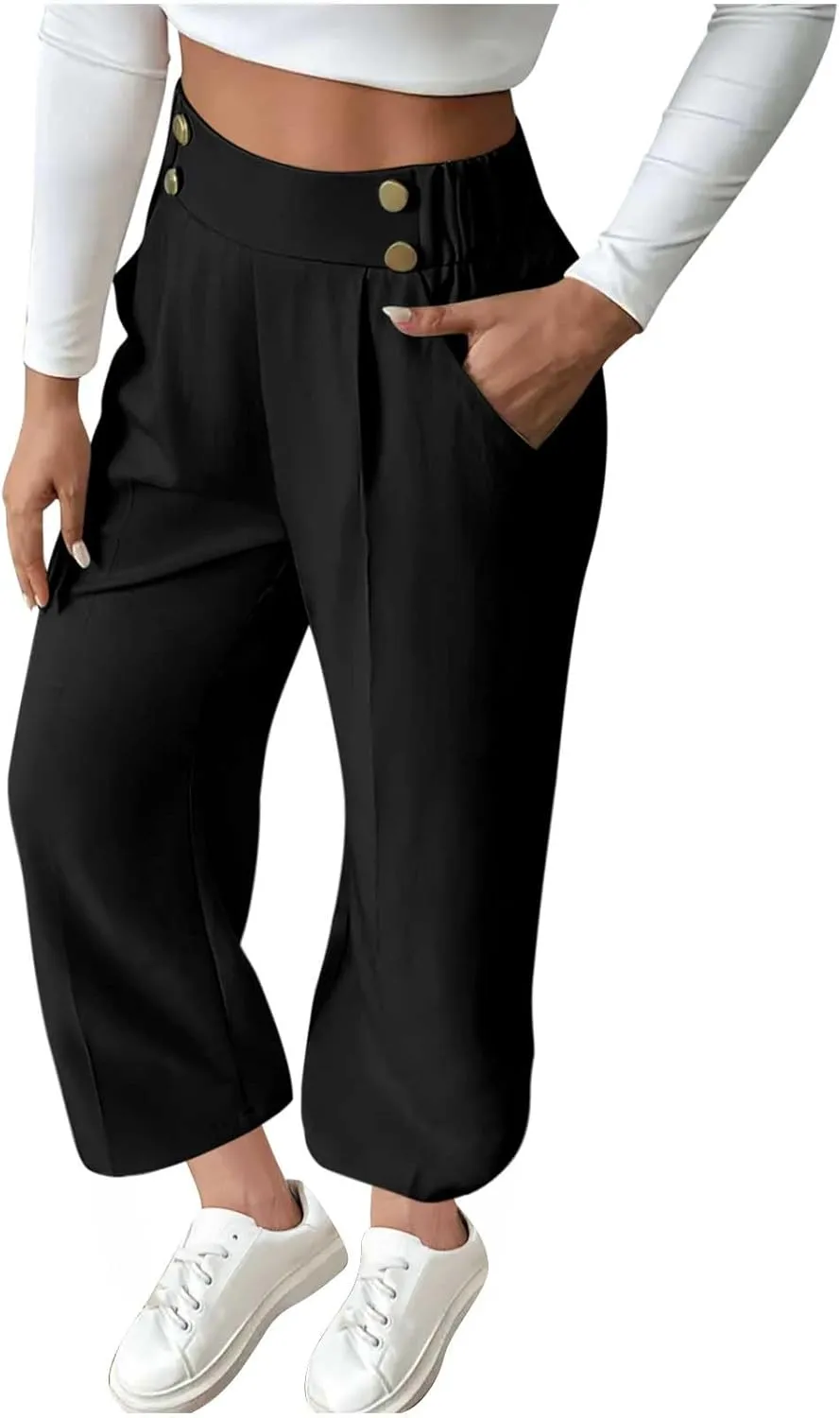 Women's Casual Linen Pants Summer Wide Leg Slacks Straight Leg Work Pants Elastic Waist Button Trousers with Pockets