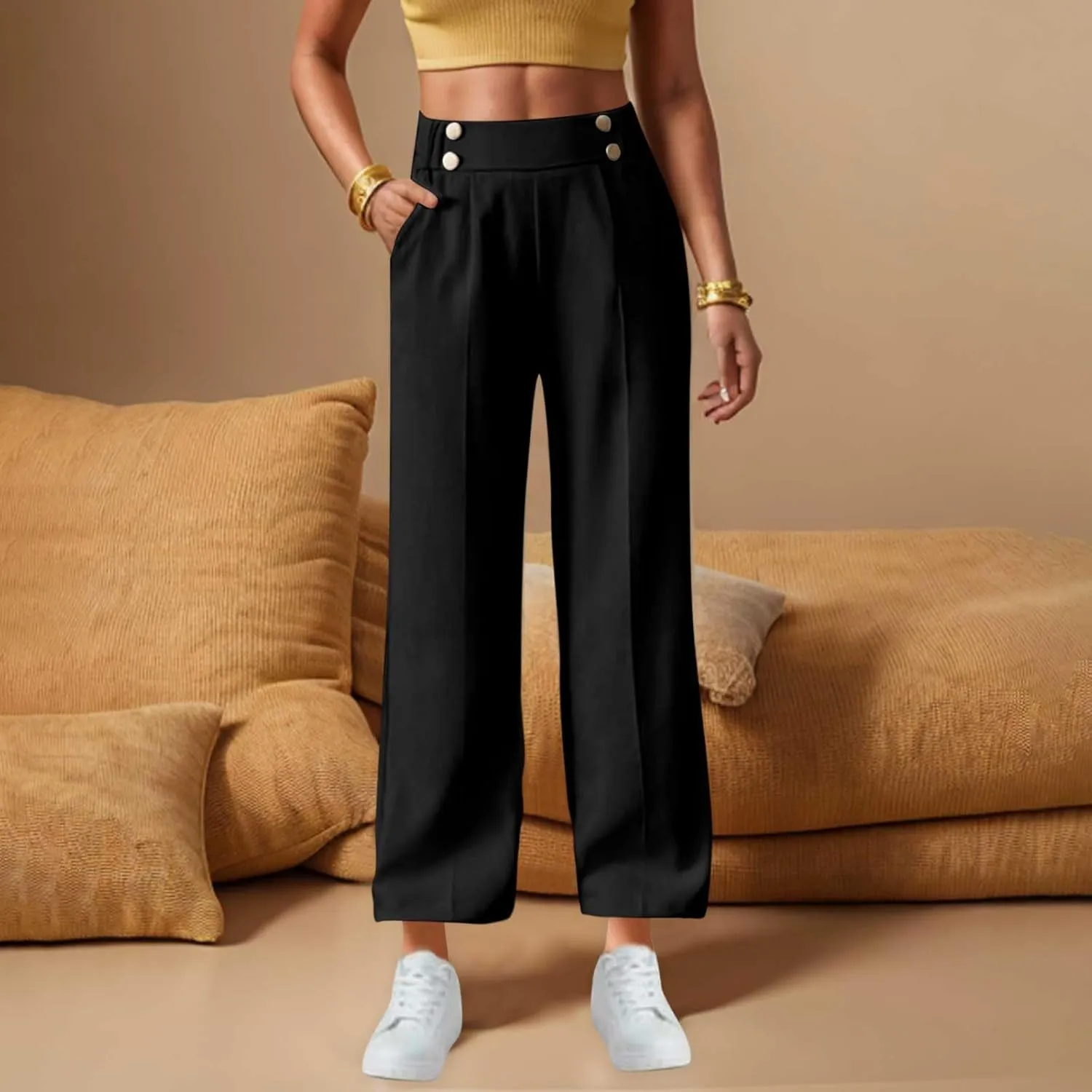 Women's Casual Linen Pants Summer Wide Leg Slacks Straight Leg Work Pants Elastic Waist Button Trousers with Pockets