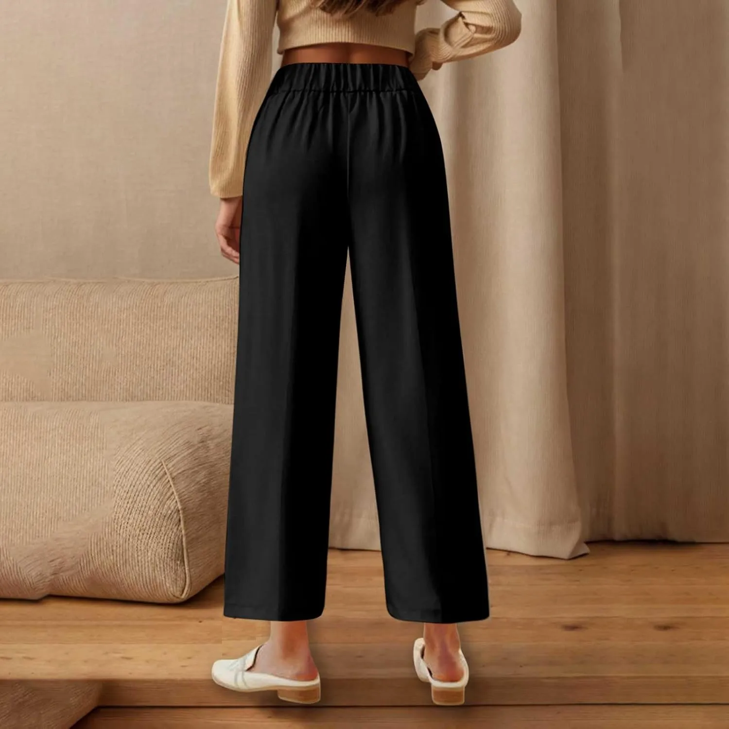 Women's Casual Linen Pants Summer Wide Leg Slacks Straight Leg Work Pants Elastic Waist Button Trousers with Pockets