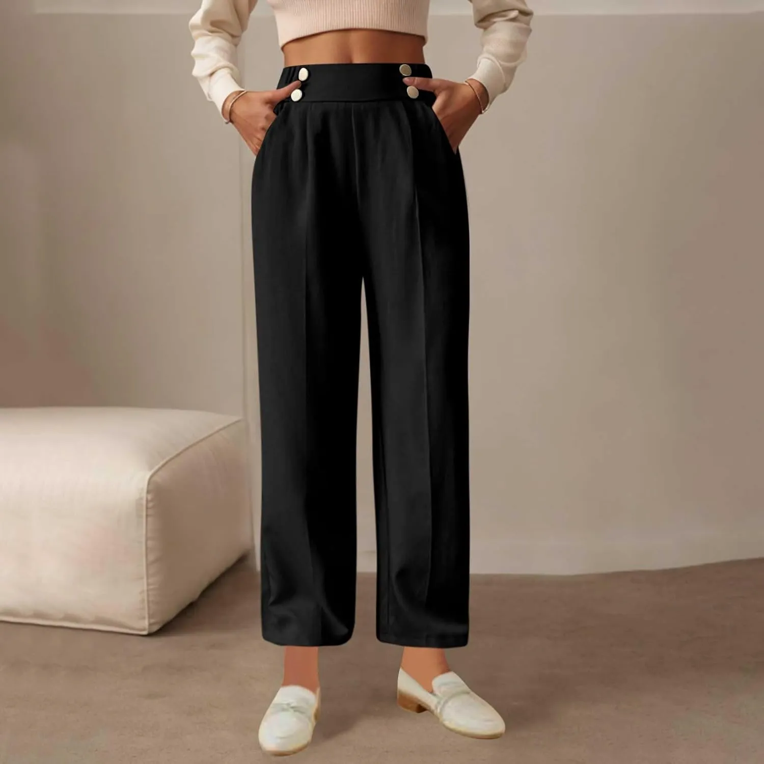 Women's Casual Linen Pants Summer Wide Leg Slacks Straight Leg Work Pants Elastic Waist Button Trousers with Pockets