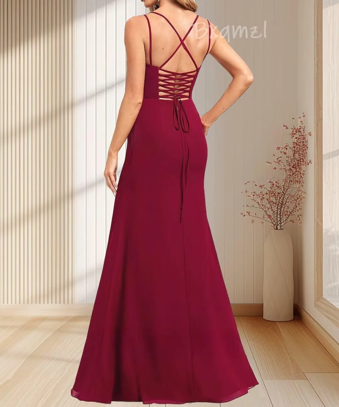 Women's Chiffon Bridesmaid Dresses Square Neck Prom Dress Long Mermaid Ruched Formal Gowns and Evening Dresses