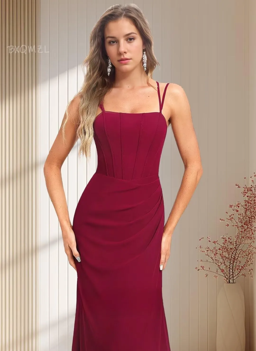 Women's Chiffon Bridesmaid Dresses Square Neck Prom Dress Long Mermaid Ruched Formal Gowns and Evening Dresses
