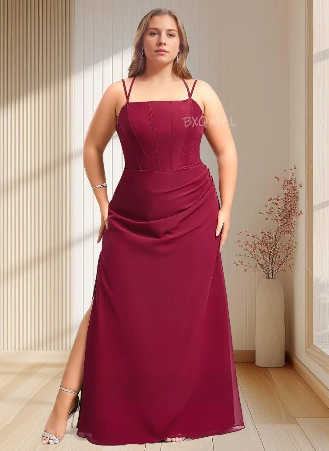 Women's Chiffon Bridesmaid Dresses Square Neck Prom Dress Long Mermaid Ruched Formal Gowns and Evening Dresses