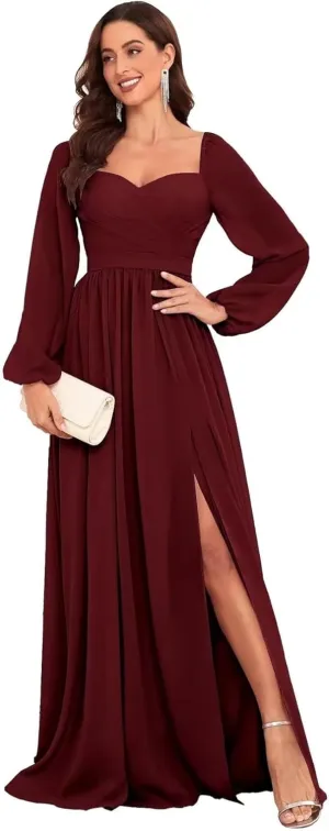 Women's Chiffon Long Bridesmaid Dresses with Sleeves Sweetheart Slit Formal Evening Dresses PG001