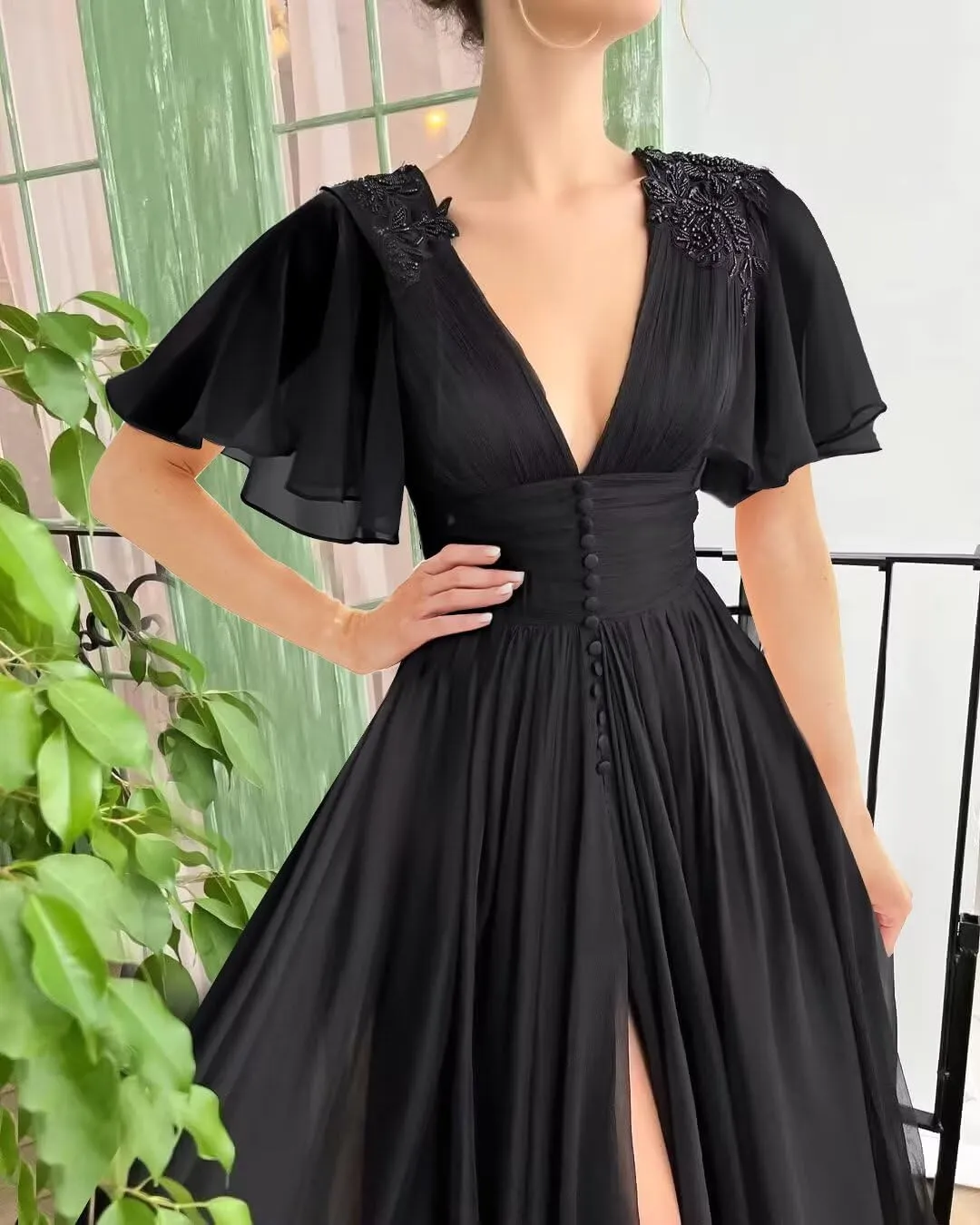 Women's Chiffon Prom Dresses V Neck Long Bridesmaids Gowns Lace Appliques Evening Party Cocktail Dress with Pocket