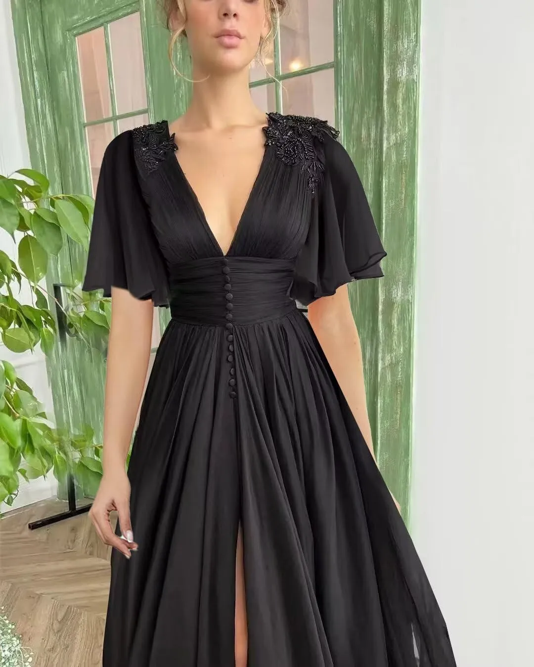 Women's Chiffon Prom Dresses V Neck Long Bridesmaids Gowns Lace Appliques Evening Party Cocktail Dress with Pocket