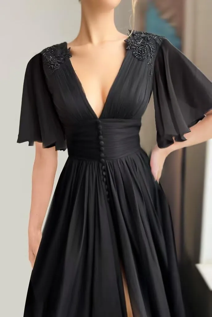Women's Chiffon Prom Dresses V Neck Long Bridesmaids Gowns Lace Appliques Evening Party Cocktail Dress with Pocket