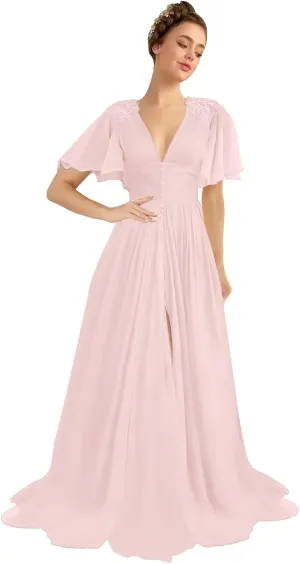 Women's Chiffon Prom Dresses V Neck Long Bridesmaids Gowns Lace Appliques Evening Party Cocktail Dress with Pocket