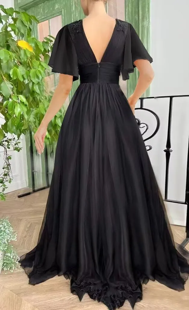 Women's Chiffon Prom Dresses V Neck Long Bridesmaids Gowns Lace Appliques Evening Party Cocktail Dress with Pocket