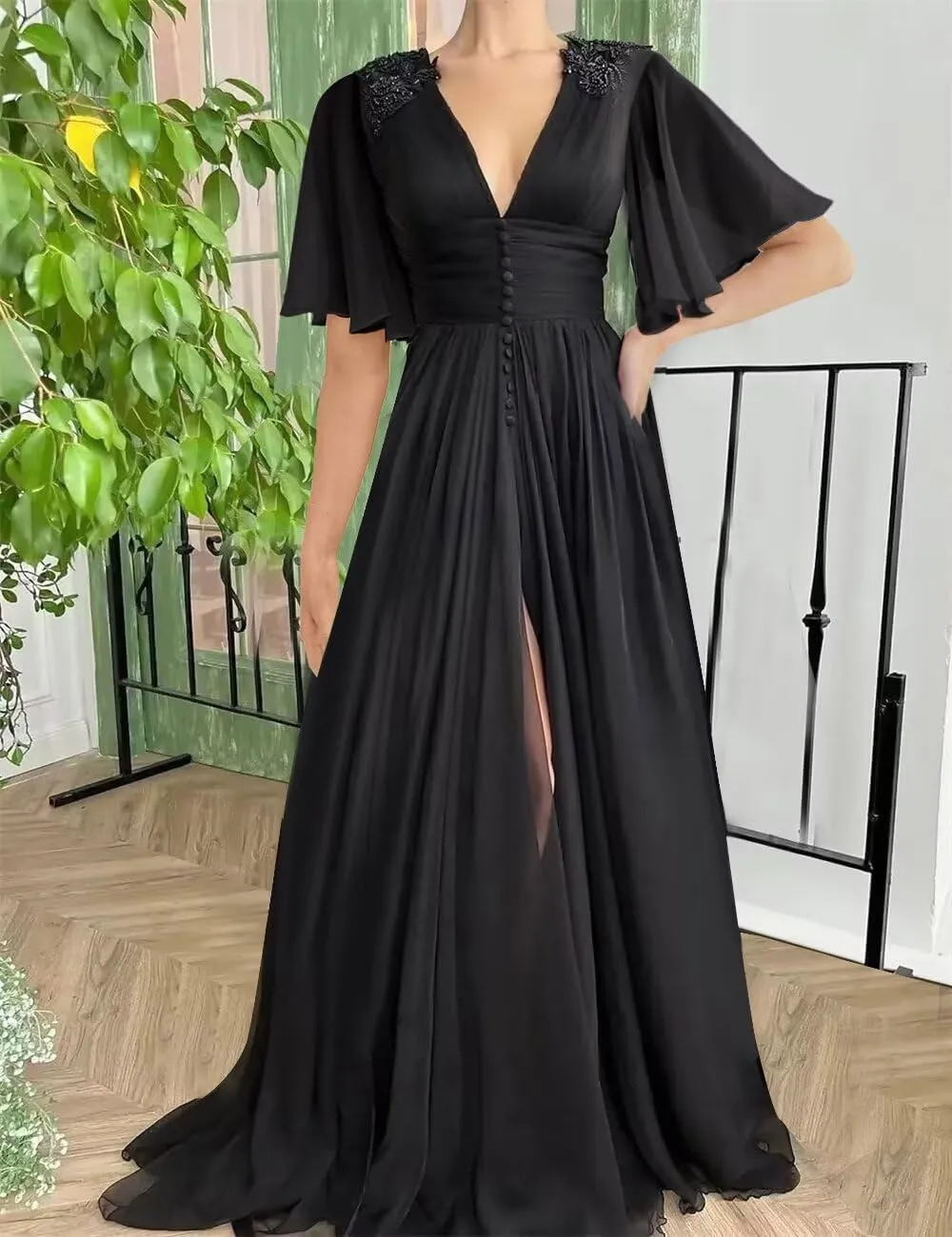 Women's Chiffon Prom Dresses V Neck Long Bridesmaids Gowns Lace Appliques Evening Party Cocktail Dress with Pocket