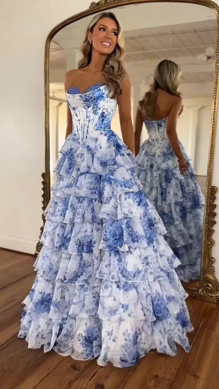 Women's Chiffon Ruffle Prom Dresses 2025 Long Tiered Strapless Corset Formal Dresses Evening Gown