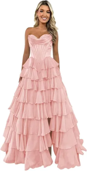 Women's Chiffon Ruffle Prom Dresses 2025 Long Tiered Strapless Corset Formal Dresses Evening Gown