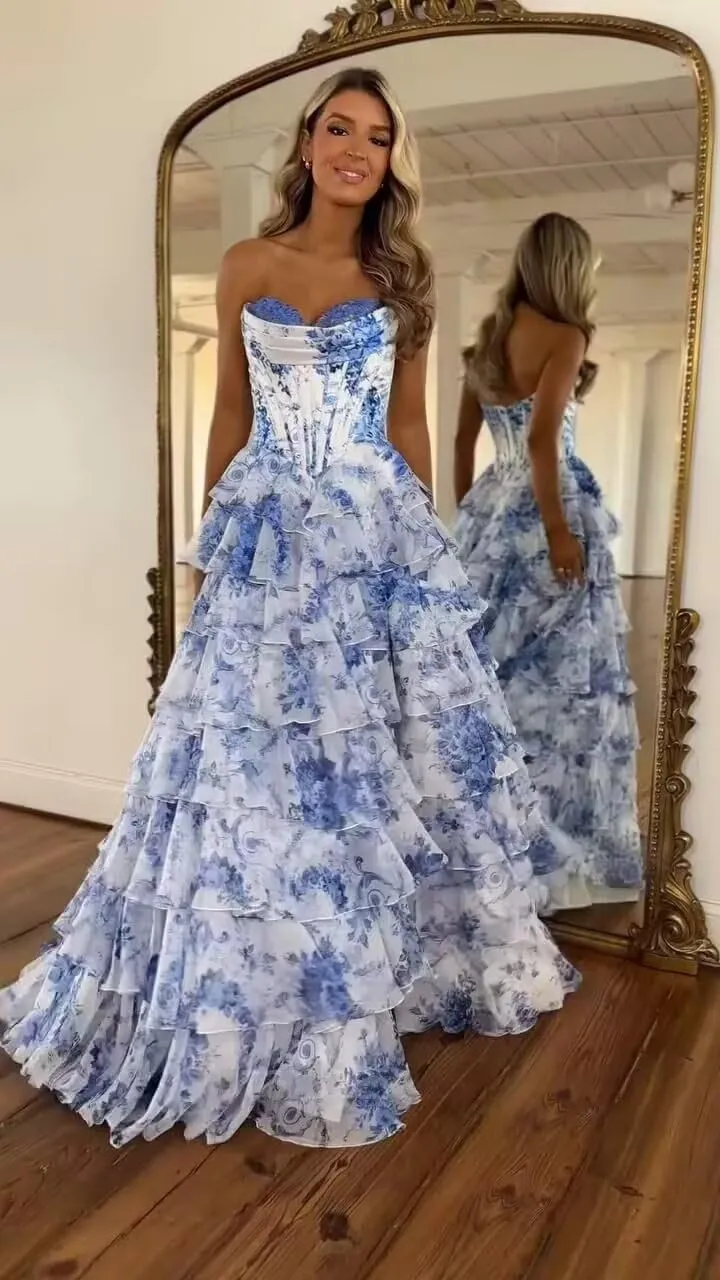 Women's Chiffon Ruffle Prom Dresses 2025 Long Tiered Strapless Corset Formal Dresses Evening Gown