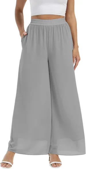 Women's Chiffon Wide Leg Palazzo Pants High Elastic Waist Casual Flowy Business Trousers Cute Fall Clothes Women