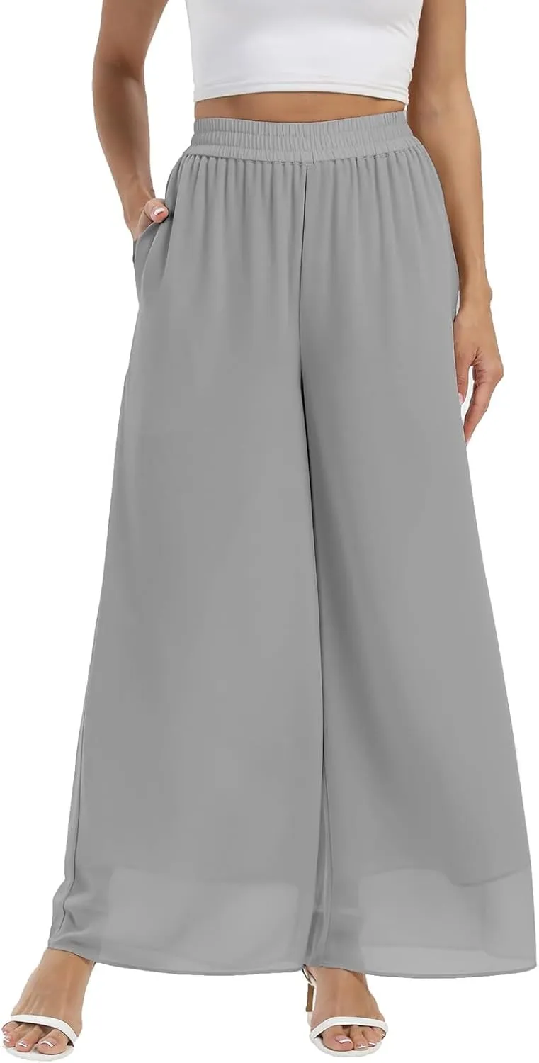 Women's Chiffon Wide Leg Palazzo Pants High Elastic Waist Casual Flowy Business Trousers Cute Fall Clothes Women