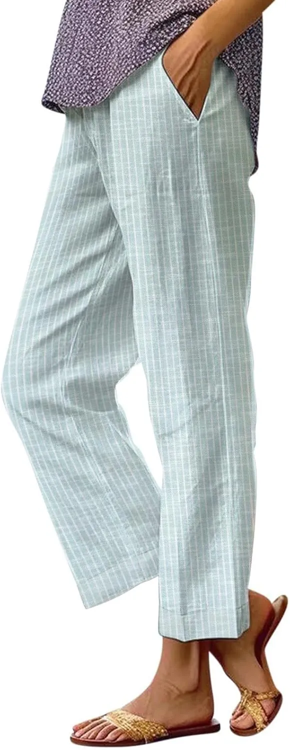 Women's Cotton Linen Capris Pants Elastic Waisted Drawstring Summer Casual Stripe Cropped Trousers Beach Baggy Slacks