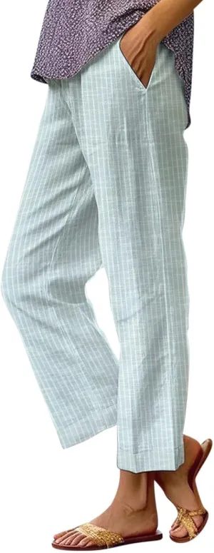 Women's Cotton Linen Capris Pants Elastic Waisted Drawstring Summer Casual Stripe Cropped Trousers Beach Baggy Slacks