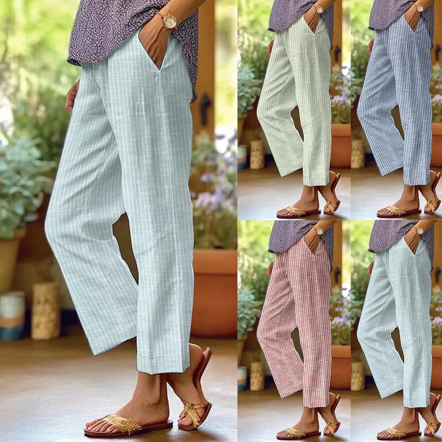 Women's Cotton Linen Capris Pants Elastic Waisted Drawstring Summer Casual Stripe Cropped Trousers Beach Baggy Slacks