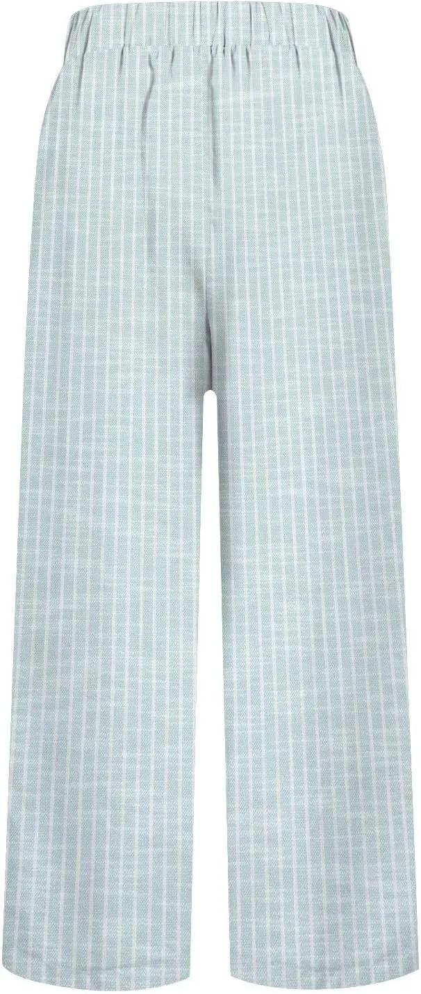 Women's Cotton Linen Capris Pants Elastic Waisted Drawstring Summer Casual Stripe Cropped Trousers Beach Baggy Slacks