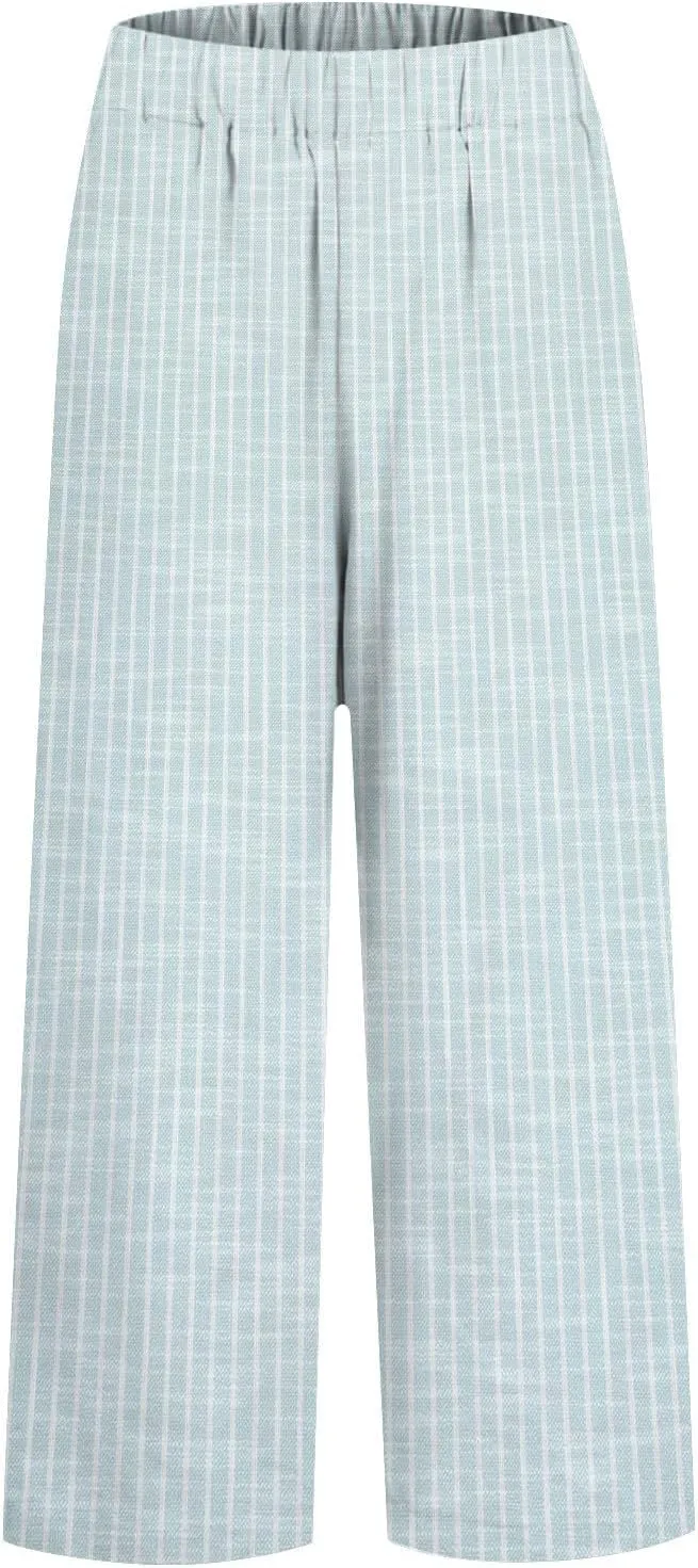 Women's Cotton Linen Capris Pants Elastic Waisted Drawstring Summer Casual Stripe Cropped Trousers Beach Baggy Slacks