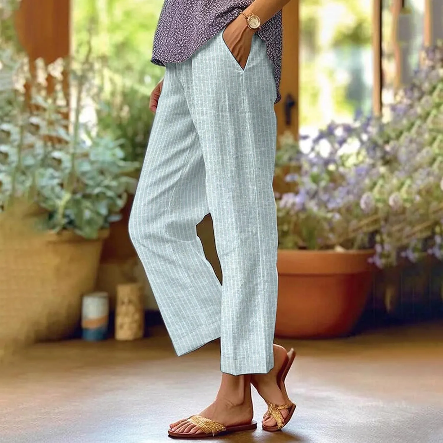 Women's Cotton Linen Capris Pants Elastic Waisted Drawstring Summer Casual Stripe Cropped Trousers Beach Baggy Slacks